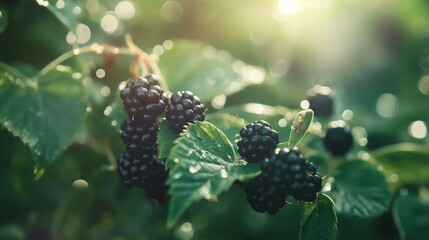 Wall Mural - Ripe Blackberries on Bush in Sunlight.