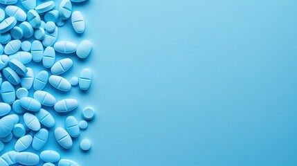 Blue pills on blue background with space for text