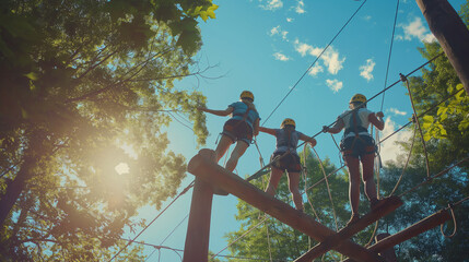 Wall Mural - team members assisting each other on a high ropes course, capturing the height and support, upper th