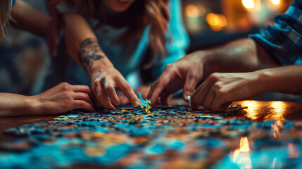 Wall Mural - colleagues solving puzzles in an escape room, showing teamwork and problem-solving, bottom third cop