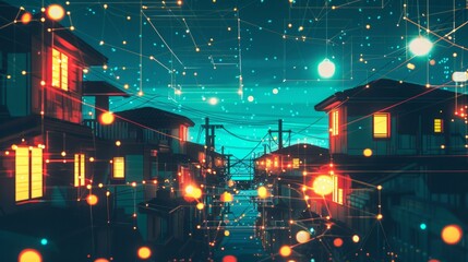 Wall Mural - Abstract illustration background of houses connected by wires entangled cyberpunk