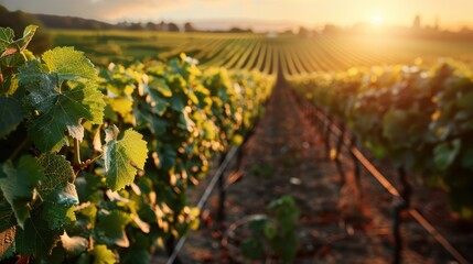 Wall Mural - Rows of grapevines stretch out in a vineyard, illuminated by a warm, golden sunset. The scenic view captures the essence of a peaceful and fertile countryside.