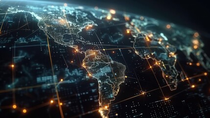 Poster - Digital World Map with Illuminated Continents and Connections