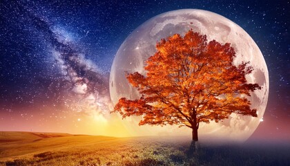 beautiful autumn fantasy - maple tree in fall season and full moon with milky way star in night skie