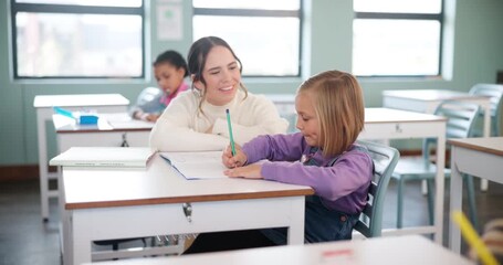 Poster - Student, teacher and classroom for education at school with learning support, knowledge and helping of mentorship. Girl, woman and paper for lesson activity, assessment and studying advice of growth