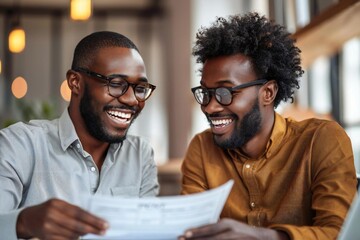 Wall Mural - Two beautiful African American coworkers wearing glasses smiling and laughing while discussing in the office. One man is looking at the contract in his hand, while the other seems