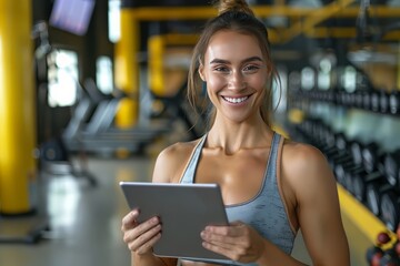 Poster - A fit muscular female personal trainer smiling at the camera in a gym, close up