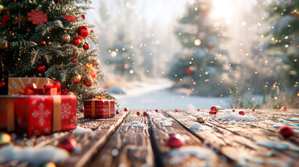 Wall Mural - a christmas background with a wooden table and chistmas decoration