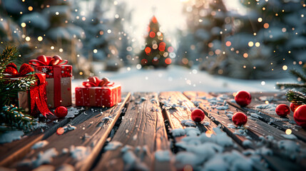 Wall Mural - a christmas background with a wooden table and chistmas decoration