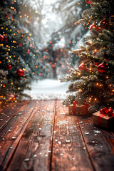 a christmas background with a wooden table and chistmas decoration