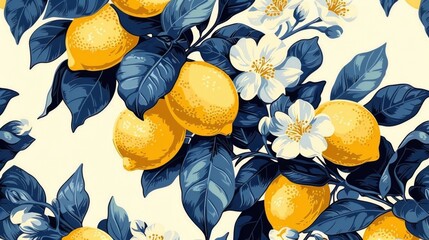 Sticker - Vibrant Lemon and Floral Pattern with Blue Leaves on Light Background