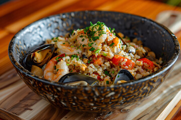 Arroz de Marisco. Traditional spanish seafood paella. Fried rice.