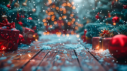 Wall Mural - a christmas background with a wooden table and chistmas decoration