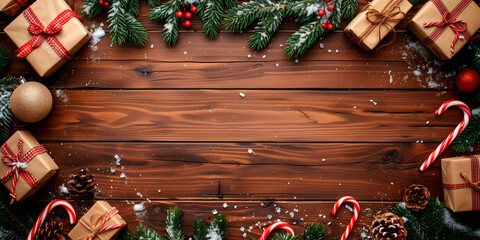 Wall Mural - a background for chistmas advertising, a wooden table, top view with christmas decoration