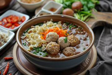 Wall Mural - Bakso indonesian soup. Meatball soup. Chicken turkey vegetables meatballs soup with carrots and potatoes.