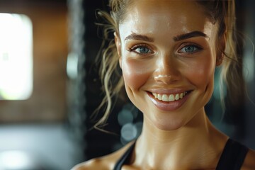 Wall Mural - A fit muscular female personal trainer smiling at the camera in a gym, close up