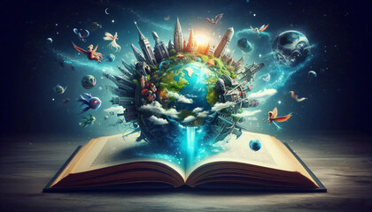 Wall Mural - open book full of illusion and magic of knowledge