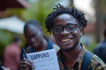 Aufkleber - Beautiful African businessman smiling and wearing glasses while filling out a customer survey form with a focused expression.