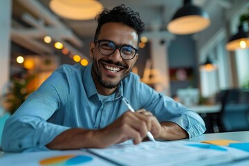 Fototapete - Beautiful businessman in eyeglasses smiling and laughing while filling out a customer survey form in an office, looking attentively at the questionnaire.