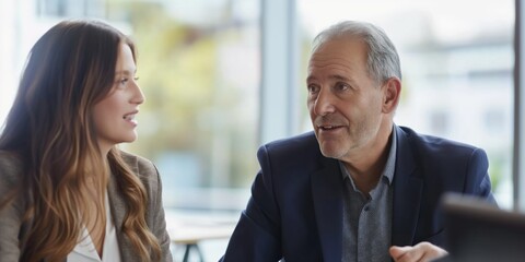 Wall Mural - A man and a woman are talking to each other in a room. The man is wearing a suit and the woman is wearing a blouse. They are both smiling and seem to be having a good time