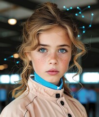 Wall Mural - Young Girl with Freckles and Blue Eyes Looking at Camera