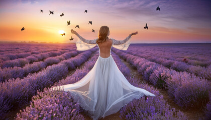 Lady enjoying the swing in a lavender field. Artistic concept with her special clothes.