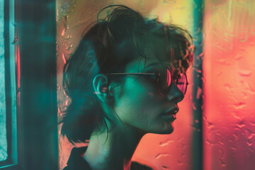 Wall Mural - A woman with a messy bun and glasses is looking out a window