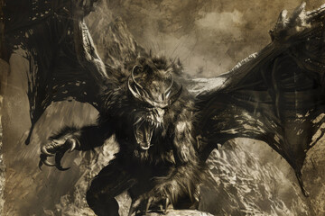 A large, menacing creature with wings and claws is depicted in the image