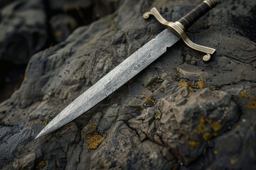 A sword is laying on a rock, with a mossy green background