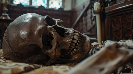 Wall Mural - A skull is laying on a bed