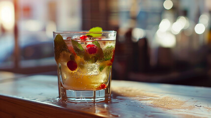 Sticker - A glass of mixed drink with a green garnish sits on a wooden table