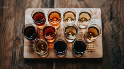 A wooden board displays twelve assorted drinks in glasses arranged in two rows, showcasing a variety of color and types, representing a comprehensive tasting experience.