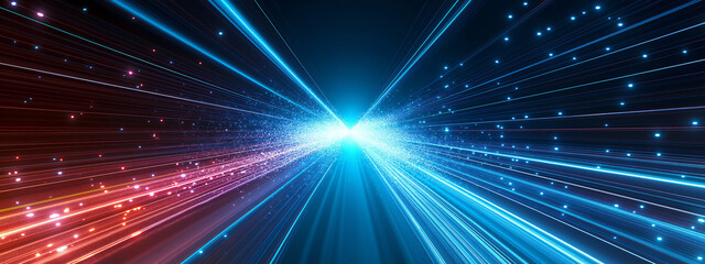 Wall Mural - Light speed, light beams moving fast in space, blue and orange colors, abstract background with glow lines, motion blur effect.