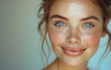 Wall Mural - A young woman with striking blue eyes and freckles smiles warmly, illuminated by soft natural light, creating a serene and inviting atmosphere