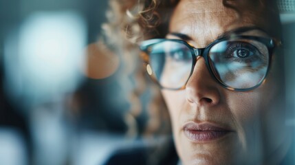 Close-up of curly hair and glasses, with a blurred background providing a soft, artistic highlighting of the elements, showcasing detailed textures and hues.