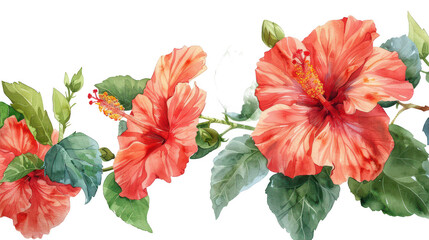 Poster - Bright Floral Botanical Painting of Vibrant Red Hibiscus Blooms and Lush Green Foliage on White Background