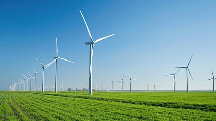 Modern wind turbines in the Netherlands against a clear blue sky with green fields, representing clean and sustainable energy. Windmill park clean energy nehterlands