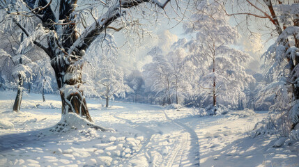 Poster - A snowy landscape with a tree in the foreground