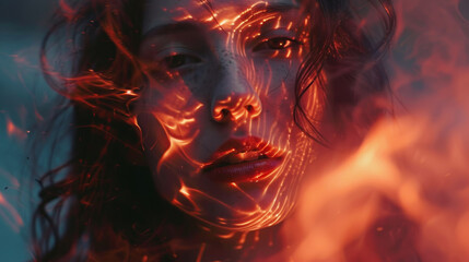 Wall Mural - A woman's face is reflected in the flames, creating a surreal