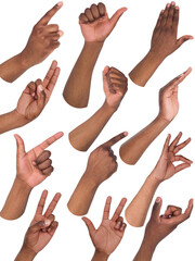 Wall Mural - African-american man hands showing symbols and gestures, like, offering, ok, writing, isolated on white background. Set of male hands.