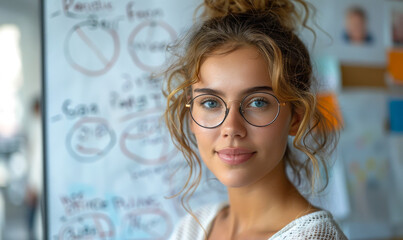 Poster - Young Professional Woman in Glasses Presenting New Project to Team During Casual Meeting with Whiteboard in Office