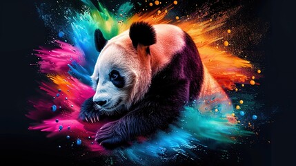 Wall Mural -   A panda bear with rainbow-colored paint splattered on its face and neck, perched against a dark backdrop