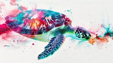 Wall Mural -   Painting of a sea turtle, splattered with colorful paint on body and head against a white background