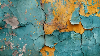 Wall Mural - Abstract painted cement wall with cracked texture in vibrant blue and orange