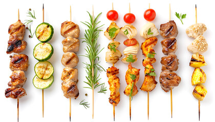 Wall Mural - skewers, including chicken and vegetable, Isolated on white background