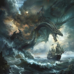 Poster - A large dragon is attacking a ship in the ocean