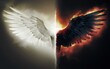 © DreamART - Concept art of good versus evil Radiant white angel wing juxtaposed with dark, sinister red and black demon wing. Depiction of heaven and hell. The eternal battle of good and bad. Fantasy visual