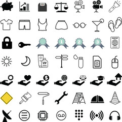 Poster - Finance, Scale, Video Camera, Clothes, Summer, Beach, Lock and Key, meddle, Passport, sun and moon, cream, usb, sim, mouse, giving by hand, paint brush and roller, ladder, helmet, cone, radar Icon Set