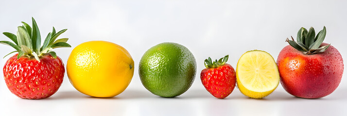 A web banner of fruits and vegetables isolated on white background.