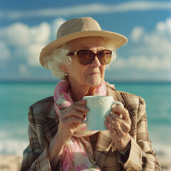 Wall Mural - old woman on sunning on the beach drinking coffee


